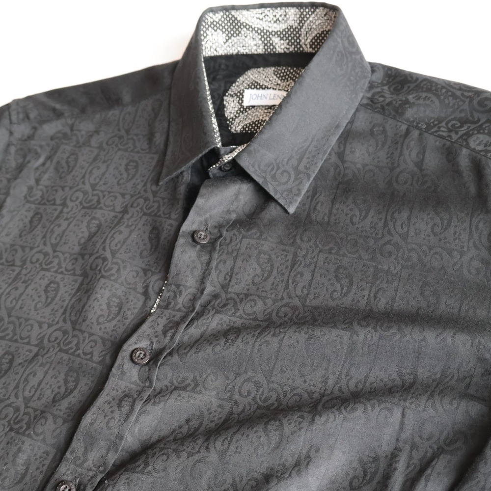 John Lennon Shirt Mens L Black Union Jack Graphic Long Sleeve Button Down